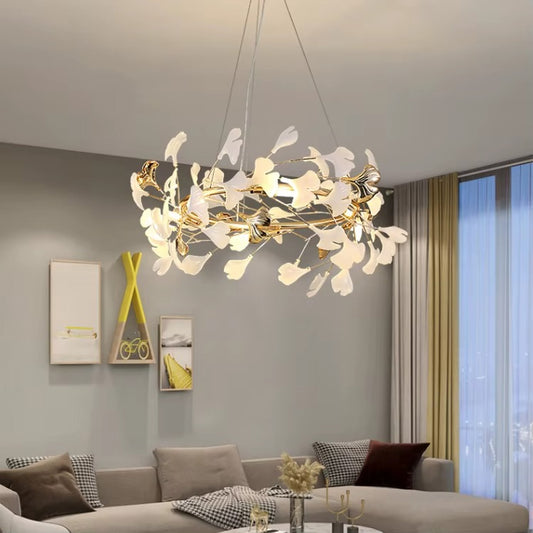 Leaf Shade Ceramic & Glass Pendant Light – Gold Modern Luxury Chandelier